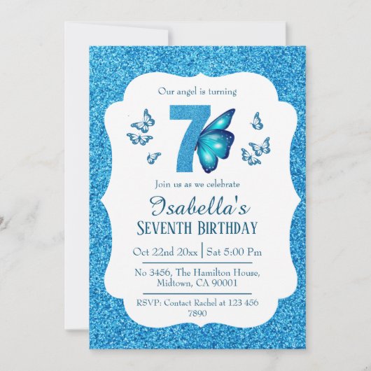 Blauw glitter schattig levendig sprankelend 7e ver kaart (Voorkant)