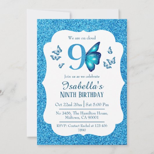 Blauw glitter schattig levendig sprankelend 9e ver kaart (Voorkant)