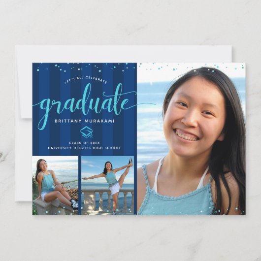 Blauw glitter script afstuderen 3 fotocollage kaart (Voorkant)
