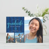 Blauw glitter script afstuderen 3 fotocollage kaart (Staand voorkant)