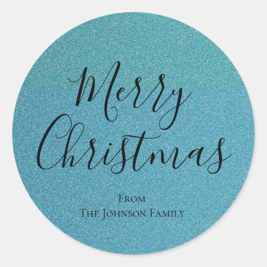 Blauw Glitter Script Vrolijk Kerstfeest Ronde Sticker (Voorkant)
