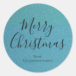 Blauw Glitter Script Vrolijk Kerstfeest Ronde Sticker