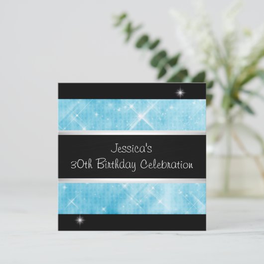 Blauw Glitter Silver Lights Black 30th Birthday Kaart (Staand voorkant)