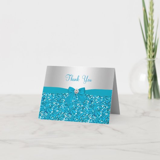 Blauw Glitter & Strikje Bedankkaart (Voorkant)