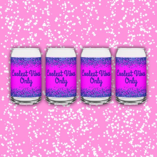 Blauw Glitter & Tekst op Roze - Coolest Vibes Only Blikvorm Glas