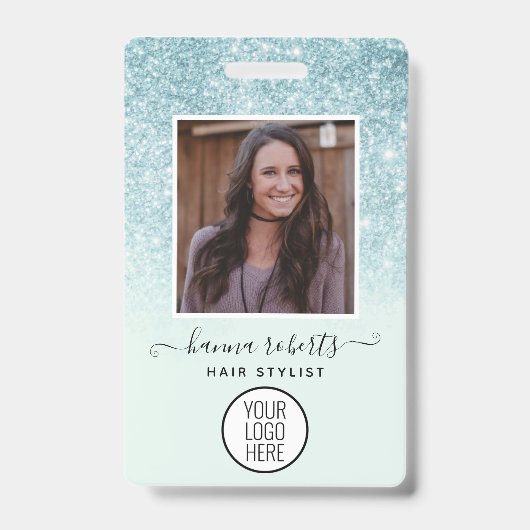 Blauw Glitter Werknemer- of Stylist-ID Badge (Voorzijde)