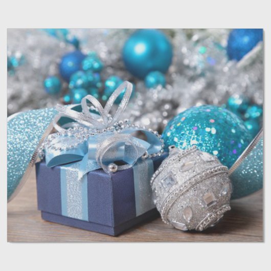 Blauw glitter, zilveren sparkle, Ornamenten, Kerst Cadeaupapier (Vlak)