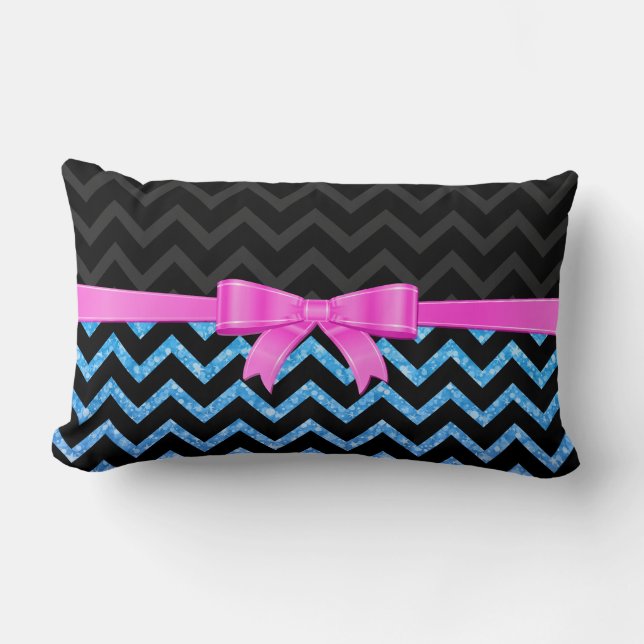 Blauw Glitter Zwart Zigzag Chevron Patroon Kussen (Voorkant)