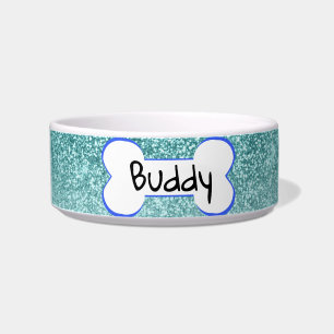 Blauw glitterspul gepersonaliseerde hond kat voerbakje