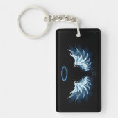 Blauw gloeiende engelenvleugels op een zwarte acht sleutelhanger (Voorkant)