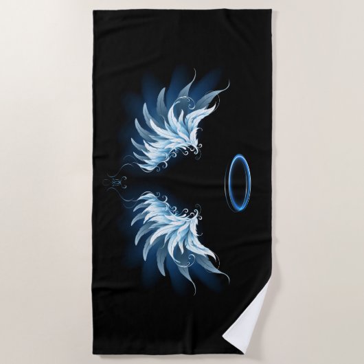 Blauw gloeiende engelenvleugels op een zwarte acht strandlaken (Voorkant)