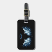 Blauw gloeiende engelenvleugels op zwarte achtergr bagagelabel (Voorkant verticaal)