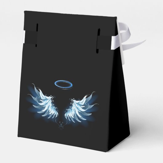 Blauw gloeiende engelenvleugels op zwarte achtergr bedankdoosjes (Achterkant)