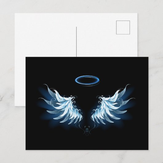 Blauw gloeiende engelenvleugels op zwarte achtergr briefkaart (Voorkant / Achterkant)