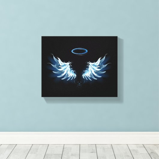 Blauw gloeiende engelenvleugels op zwarte achtergr canvas afdruk (Insitu (Houten vloer))
