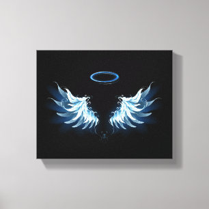 Blauw gloeiende engelenvleugels op zwarte achtergr canvas afdruk