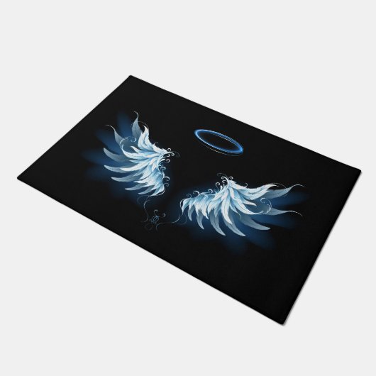 Blauw gloeiende engelenvleugels op zwarte achtergr deurmat (Schuin)