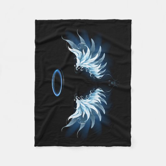 Blauw gloeiende engelenvleugels op zwarte achtergr fleece deken (Voorkant)