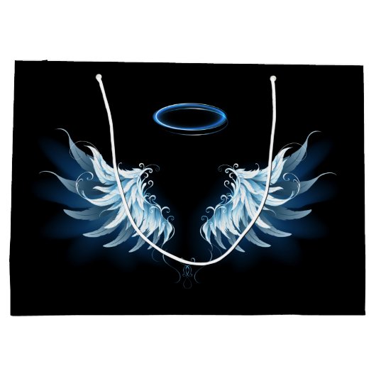 Blauw gloeiende engelenvleugels op zwarte achtergr groot cadeauzakje (Achterkant)