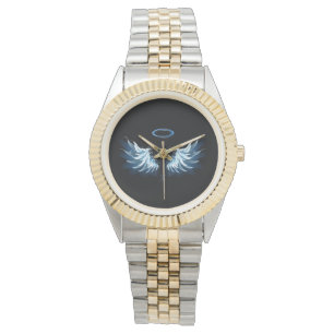 Blauw gloeiende engelenvleugels op zwarte achtergr horloge
