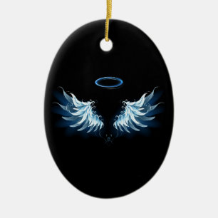 Blauw gloeiende engelenvleugels op zwarte achtergr keramisch ornament