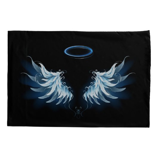 Blauw gloeiende engelenvleugels op zwarte achtergr kussensloop (Achterkant-Links)