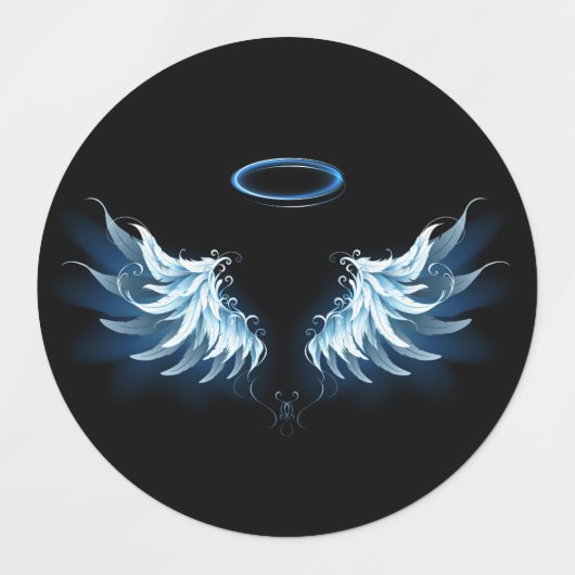 Blauw gloeiende engelenvleugels op zwarte achtergr labels (Design 1)