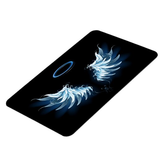 Blauw gloeiende engelenvleugels op zwarte achtergr magneet (Linkerzijde)