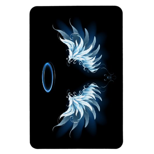 Blauw gloeiende engelenvleugels op zwarte achtergr magneet (Verticaal)