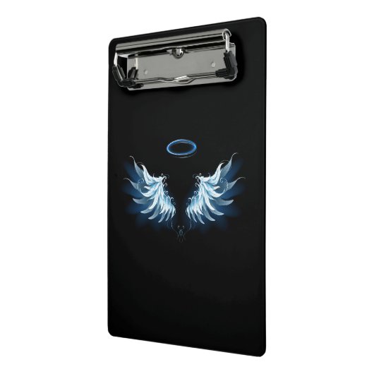 Blauw gloeiende engelenvleugels op zwarte achtergr mini klembord (Angled2)