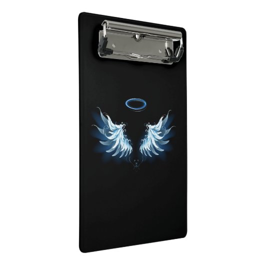 Blauw gloeiende engelenvleugels op zwarte achtergr mini klembord (Schuin)