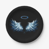 Blauw gloeiende engelenvleugels op zwarte achtergr papieren bordje (Voorkant)