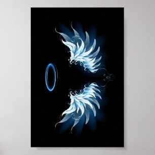 Blauw gloeiende engelenvleugels op zwarte achtergr poster
