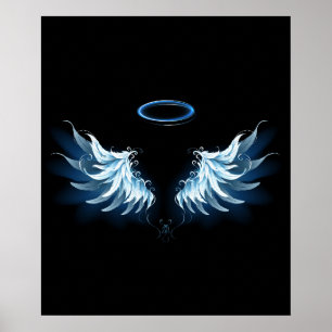 Blauw gloeiende engelenvleugels op zwarte achtergr poster