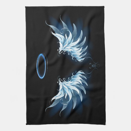 Blauw gloeiende engelenvleugels op zwarte achtergr theedoek (Verticaal)