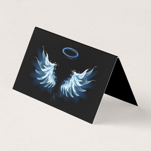 Blauw gloeiende engelenvleugels op zwarte achtergr visitekaartje (Voorkant)