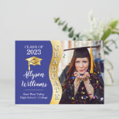 Blauw | Gold Afstuderen Wave Afstudeerder Pet Foto Aankondiging (Staand voorkant)