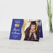 Blauw | Gold Afstuderen Wave Afstudeerder Pet Foto Bedankkaart (Voorkant)