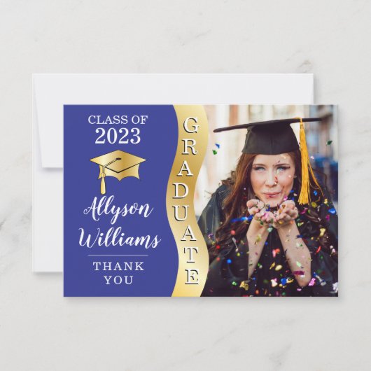 Blauw | Gold Afstuderen Wave Afstudeerder Pet Foto Bedankkaart (Voorkant)