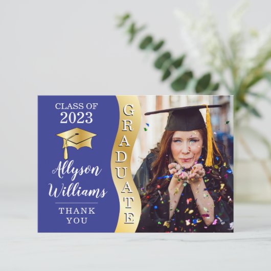 Blauw | Gold Afstuderen Wave Afstudeerder Pet Foto Bedankkaart (Staand voorkant)