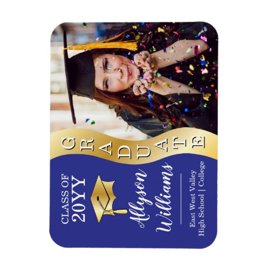 Blauw | Gold Afstuderen Wave Afstudeerder Pet Foto Magneet (Verticaal)