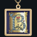 BLAUW GOLD B-BRIEF MET FLOWERS MONOGRAM GOUD VERGULDEN KETTING<br><div class="desc">Medieval floral B inital letter on gold background.</div>
