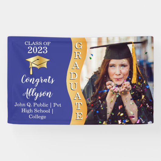 Blauw | Gold Congrats Afstuderen Wave Photo Spandoek (Horizontaal)