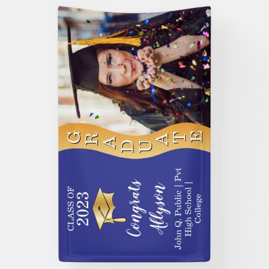 Blauw | Gold Congrats Afstuderen Wave Photo Spandoek (Verticaal)