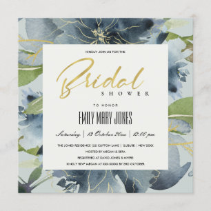 BLAUW GOLD GRAY FLORAL WATERVERF VRIJGEZELLENFEEST KAART
