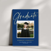 Blauw + Gold Script Foto Afstuderen kondiging Folie Uitnodiging