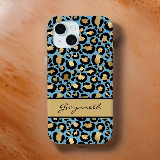 Blauw Gold zwarte luipaard afdrukken met Jouw naam Case-Mate iPhone Case