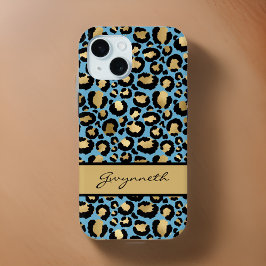 Blauw Gold zwarte luipaard afdrukken met Jouw naam iPhone 15 Case