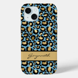 Blauw Gold zwarte luipaard afdrukken met Jouw naam iPhone 15 Case