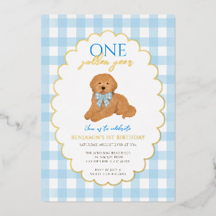Blauw Goldendoodle Puppy Hondenfeestje 1e Verjaard Folie Uitnodiging
